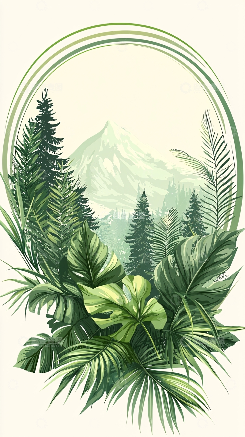 高清大图下载【趣麦麦图】热带植物与雪山风景插画