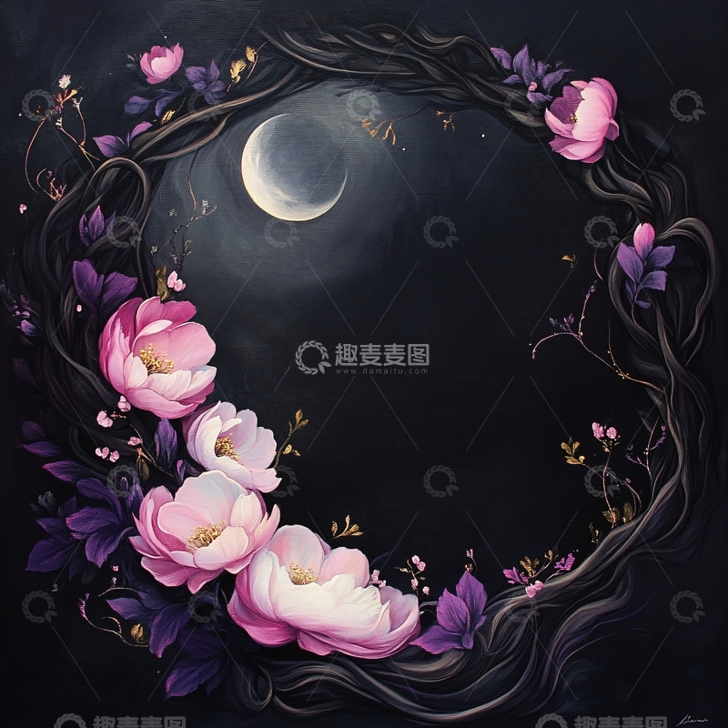高清大图下载【趣麦麦图】月夜花环艺术插画