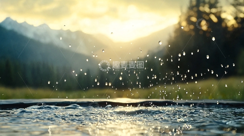 高清大图下载【趣麦麦图】日落山间水珠飞溅