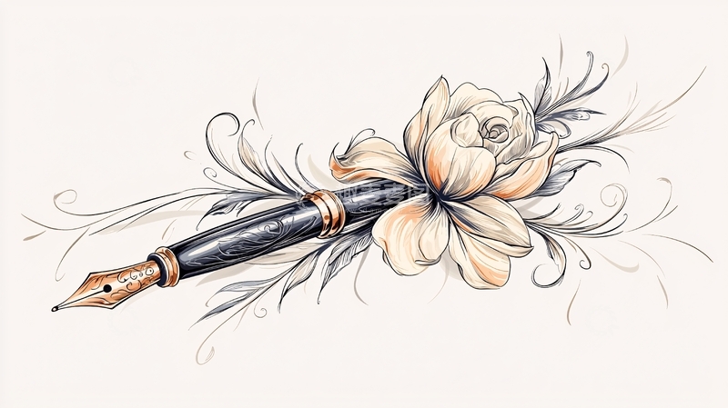 高清大图下载【趣麦麦图】钢笔与花朵的艺术插画