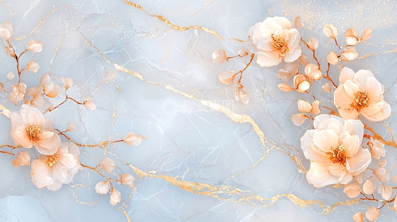 高清大图下载【趣麦麦图】大理石纹理背景与花卉装饰