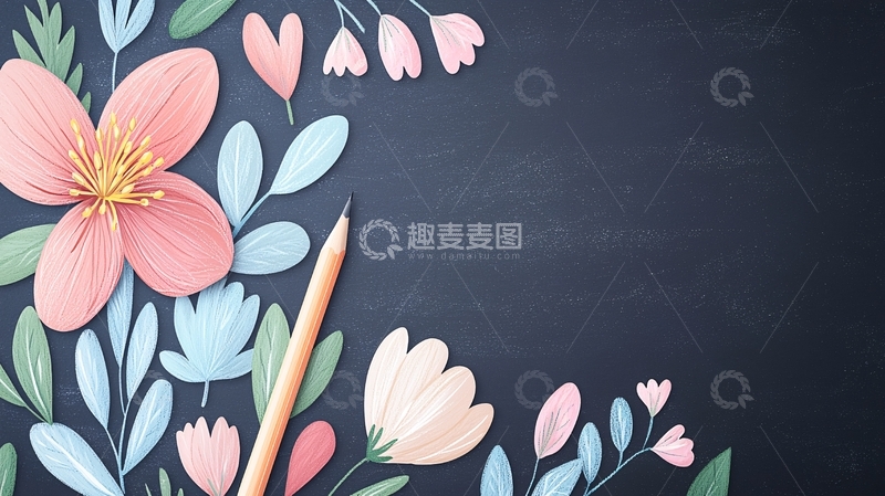 高清大图下载【趣麦麦图】粉色花朵与铅笔的艺术背景