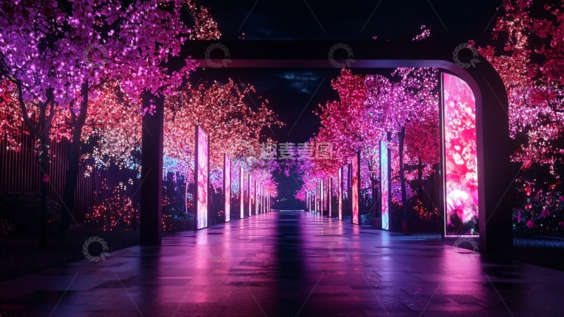 高清大图下载【趣麦麦图】霓虹灯光下的樱花隧道