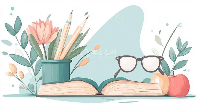 高清大图下载【趣麦麦图】书桌上的文具与书籍插画