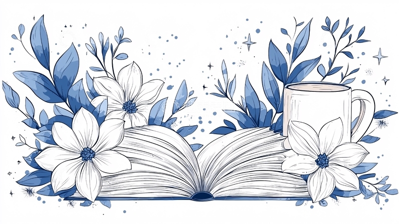 高清大图下载【趣麦麦图】蓝色花卉与书籍的插画素材