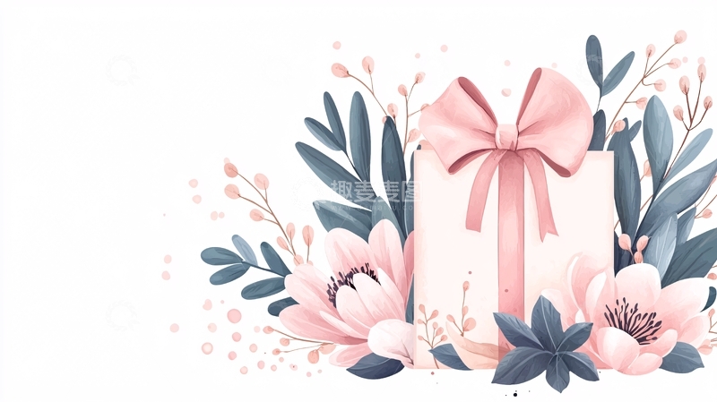 高清大图下载【趣麦麦图】粉色礼盒与花卉装饰背景