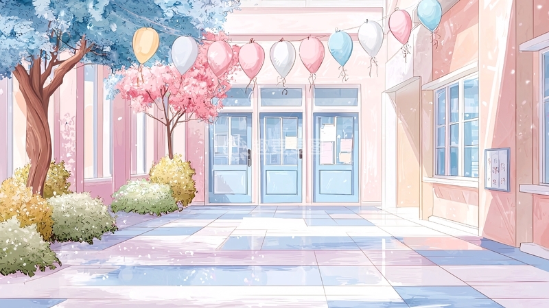 高清大图下载【趣麦麦图】粉色校园入口与气球装饰