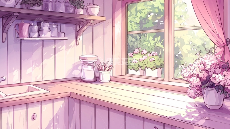 高清大图下载【趣麦麦图】粉色温馨厨房窗台插画