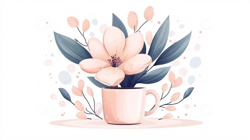 高清大图下载【趣麦麦图】粉色花朵与咖啡杯插画