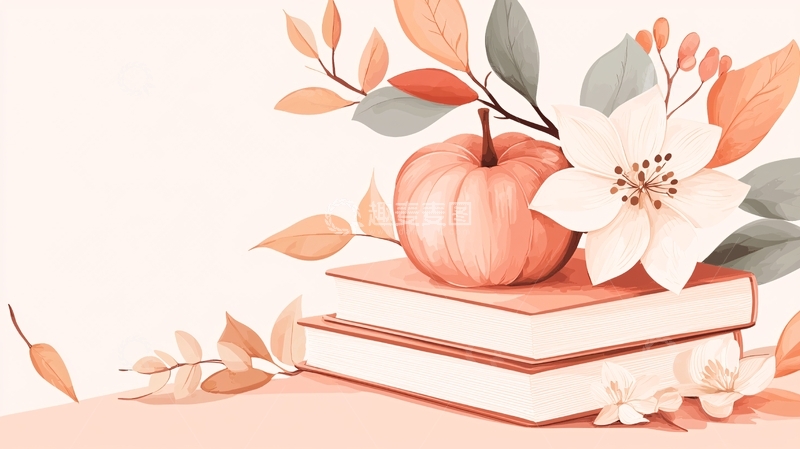高清大图下载【趣麦麦图】秋日书香与南瓜插画