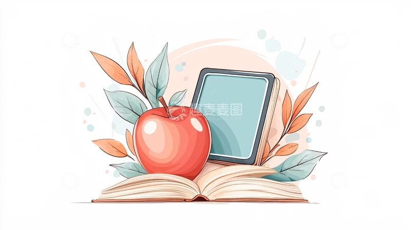 高清大图下载【趣麦麦图】书本与苹果插画素材