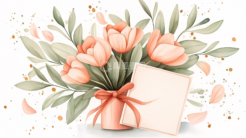 高清大图下载【趣麦麦图】粉色郁金香花束与空白卡片