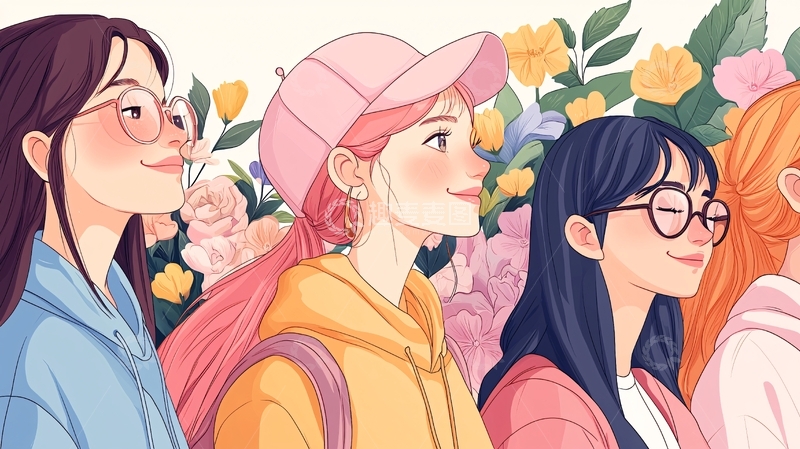 高清大图下载【趣麦麦图】青春少女花海背景插画