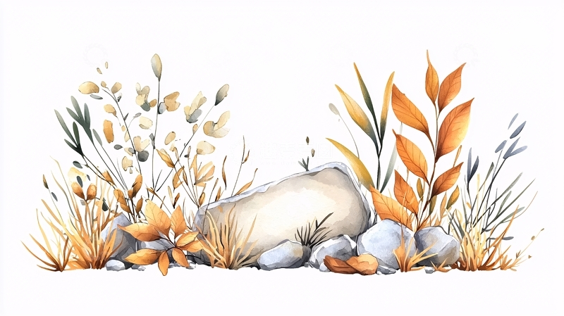 高清大图下载【趣麦麦图】秋日石旁植物插画