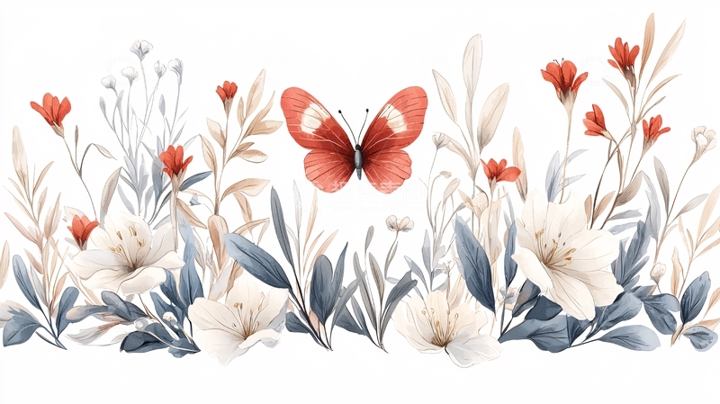 高清大图下载【趣麦麦图】红色蝴蝶与花卉插画背景