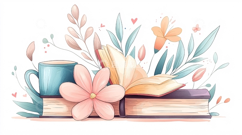 高清大图下载【趣麦麦图】书桌上的咖啡与书籍插画