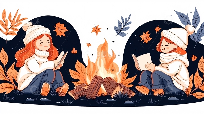 高清大图下载【趣麦麦图】-秋夜篝火读书女孩