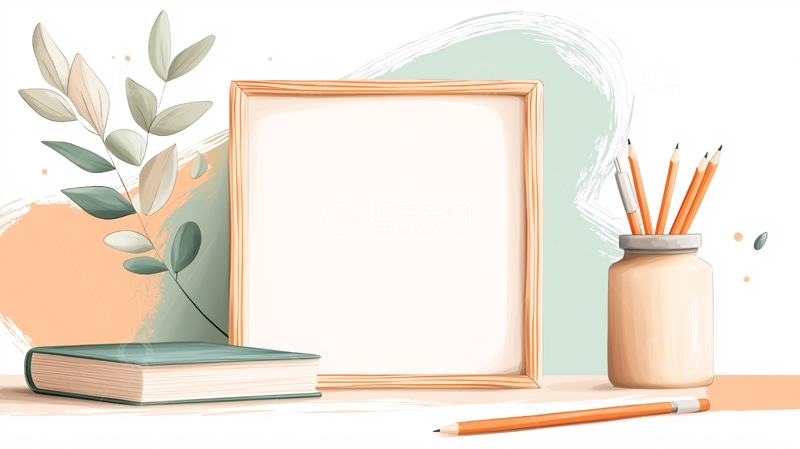 高清大图下载【趣麦麦图】简约文艺桌面上的空白画框与文具
