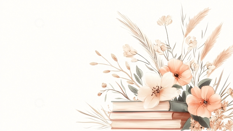 高清大图下载【趣麦麦图】书籍与花束插画背景