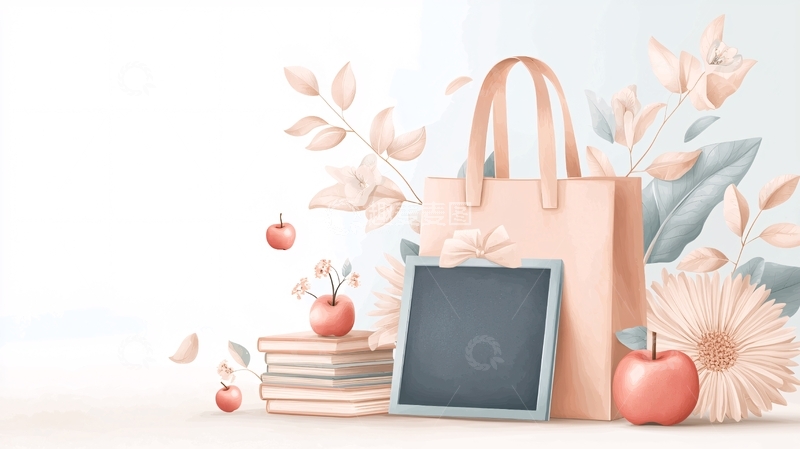 高清大图下载【趣麦麦图】粉色手提包与鲜花苹果书本组合