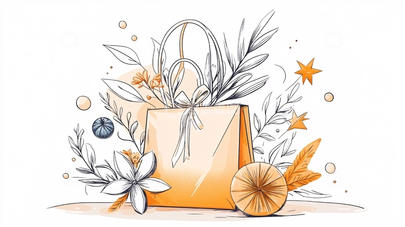 高清大图下载【趣麦麦图】购物袋与花卉装饰插画