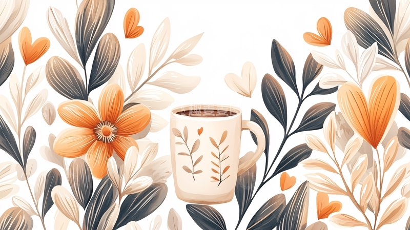 高清大图下载【趣麦麦图】秋日咖啡与花卉插画