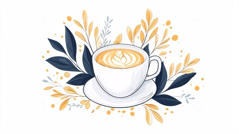 高清大图下载【趣麦麦图】咖啡杯与花卉插画
