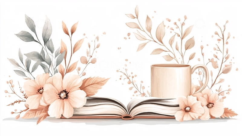 高清大图下载【趣麦麦图】书本与咖啡杯的艺术插画