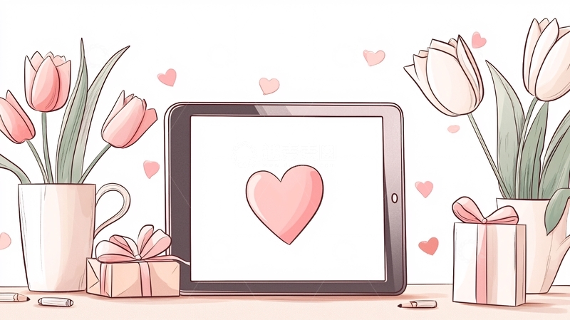 高清大图下载【趣麦麦图】粉色爱心与鲜花的温馨场景