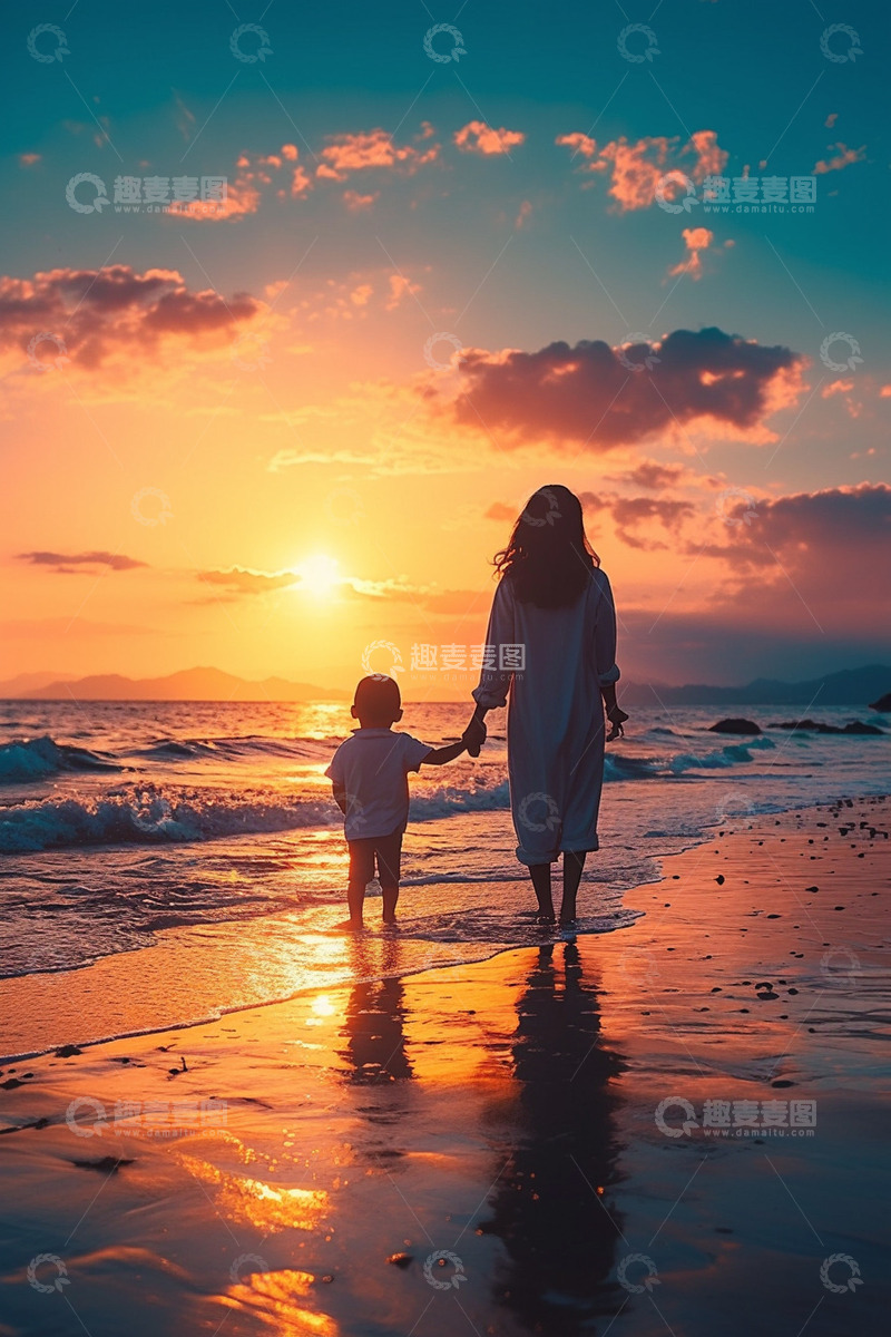 高清大图下载【趣麦麦图】母子沙滩夕阳