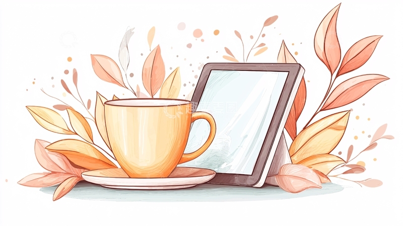 高清大图下载【趣麦麦图】秋日咖啡与平板电脑插画
