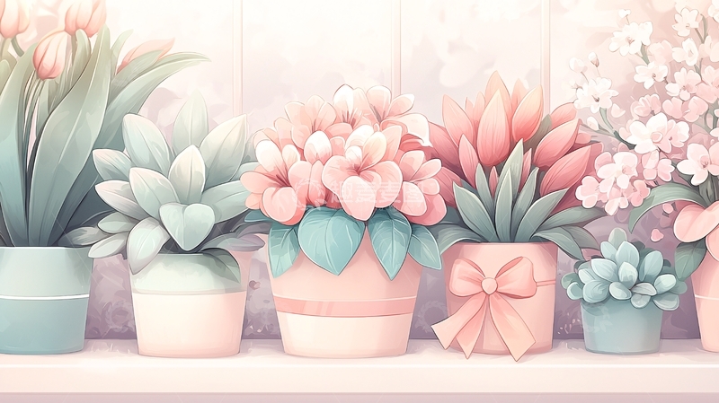 高清大图下载【趣麦麦图】粉色花朵与绿植装饰窗台