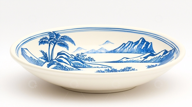 高清大图下载【趣麦麦图】青花山水纹陶瓷盘