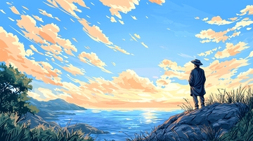 夕阳下的海边独行者