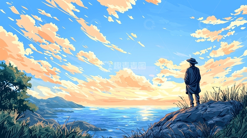 高清大图下载【趣麦麦图】夕阳下的海边独行者