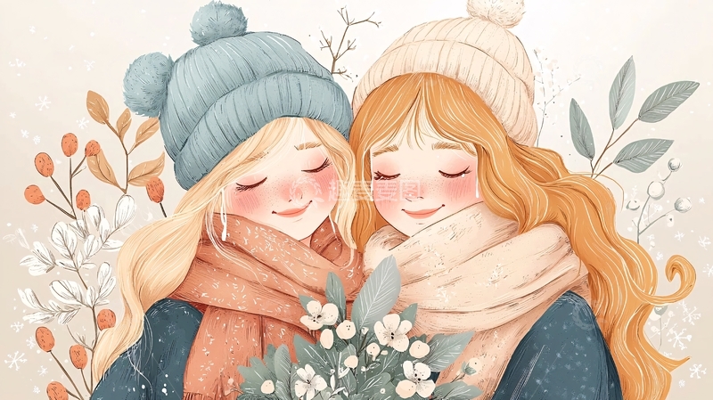 高清大图下载【趣麦麦图】冬日温暖拥抱姐妹情