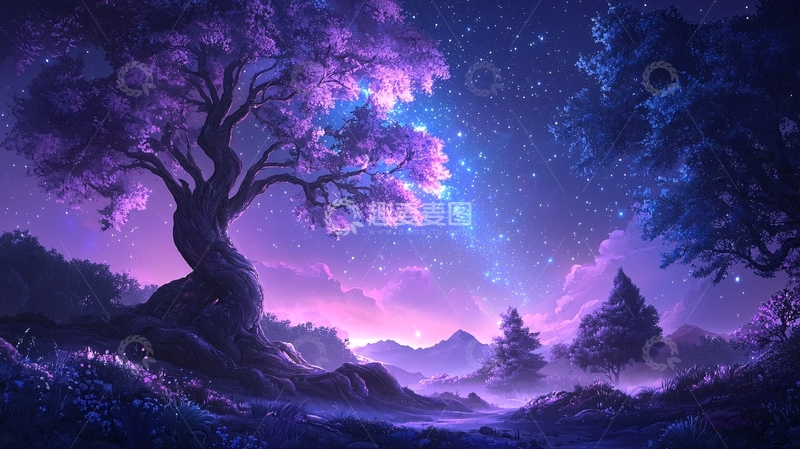 高清大图下载【趣麦麦图】梦幻紫色星空下的古老树木