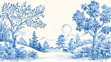 青花瓷风格山水画背景图