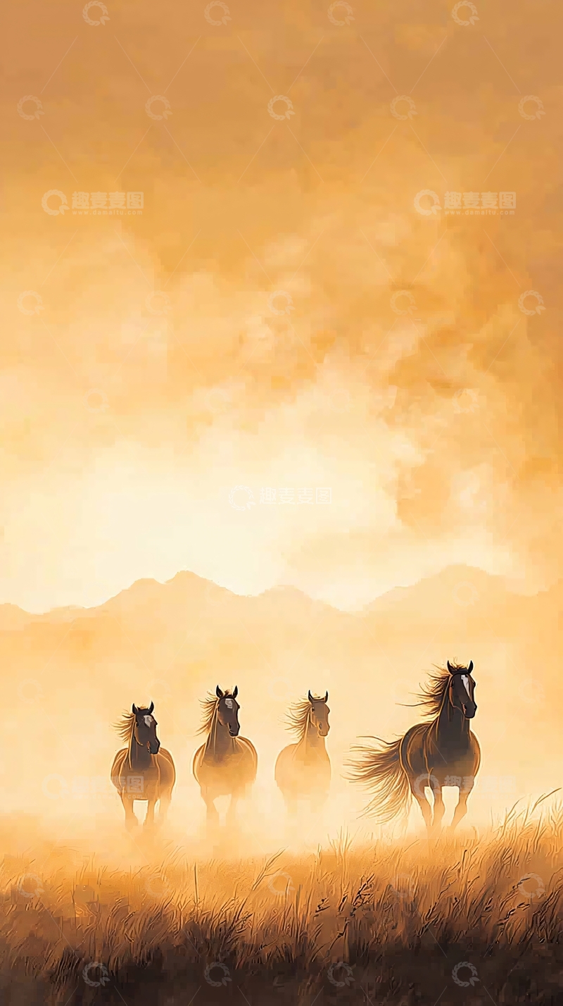高清大图下载【趣麦麦图】晨雾中的骏马群