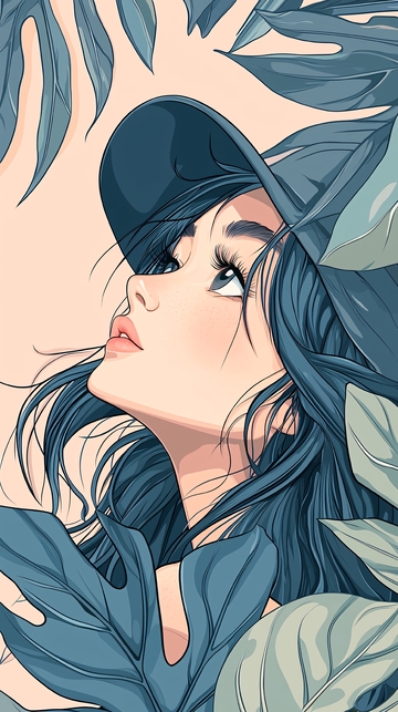蓝色帽子与叶子的女性插画
