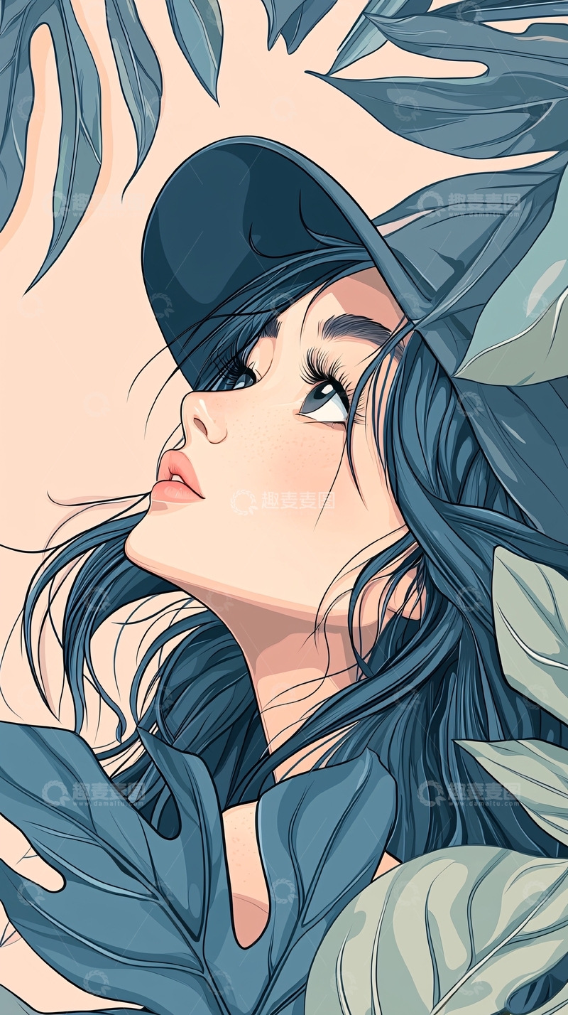 蓝色帽子与叶子的女性插画