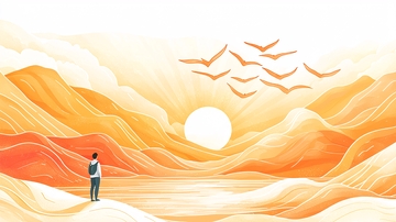 日落山间徒步旅行者