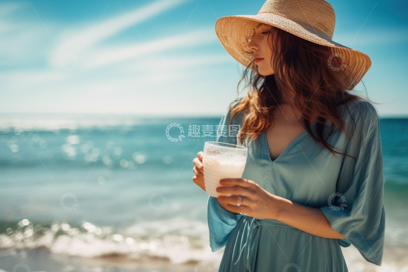 高清大图下载【趣麦麦图】海边带着草帽的女士