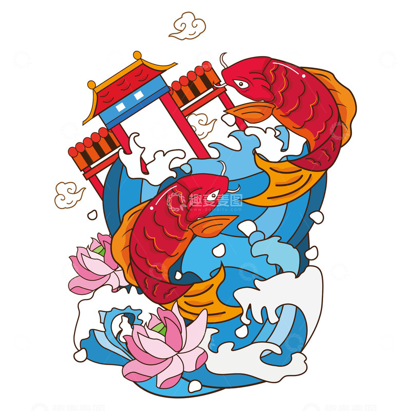 高清大图下载【趣麦麦图】手绘锦鲤鱼跃龙门