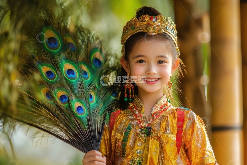 高清大图下载【趣麦麦图】拿着孔雀毛扇子的小孩