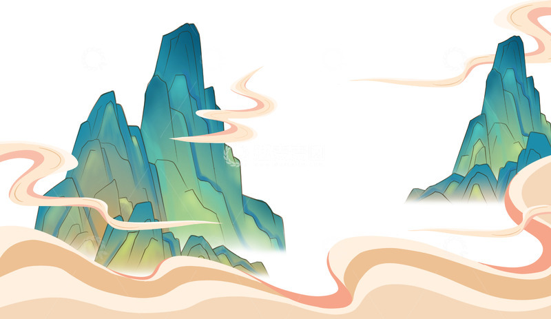 高清大图下载【趣麦麦图】青山国潮山水描线祥云元素1
