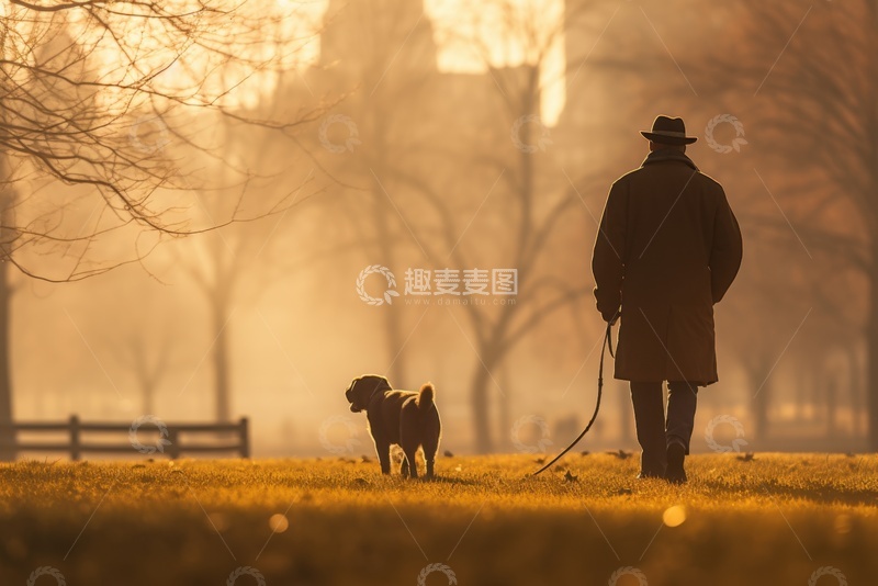 高清大图下载【趣麦麦图】公园里遛狗的老人