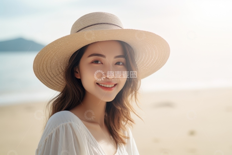 高清大图下载【趣麦麦图】沙滩上带着草帽的女士