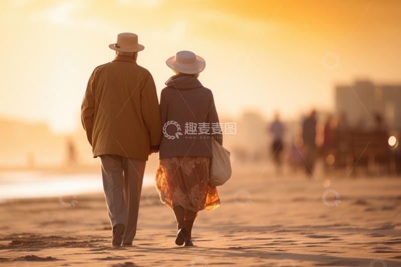 高清大图下载【趣麦麦图】沙滩上行走的老年夫妻