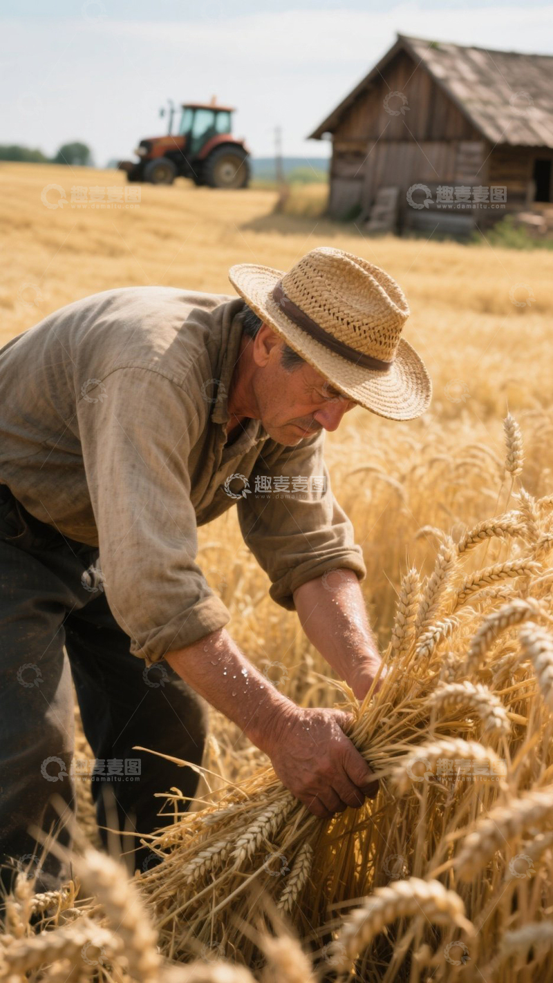 高清大图下载【趣麦麦图】中年农民收割小麦